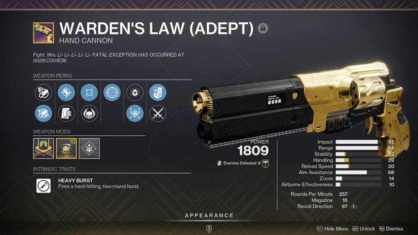 An adept Warden's Law from Destiny 2 Season 22