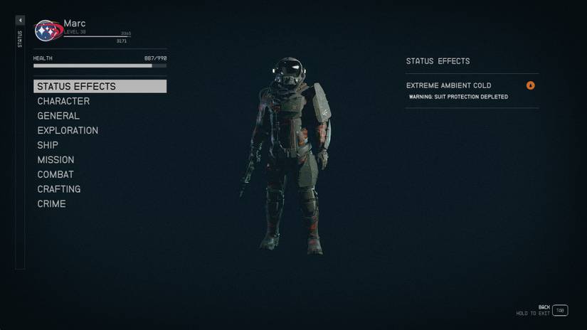 The status screen showing an extreme environment warning in Starfield