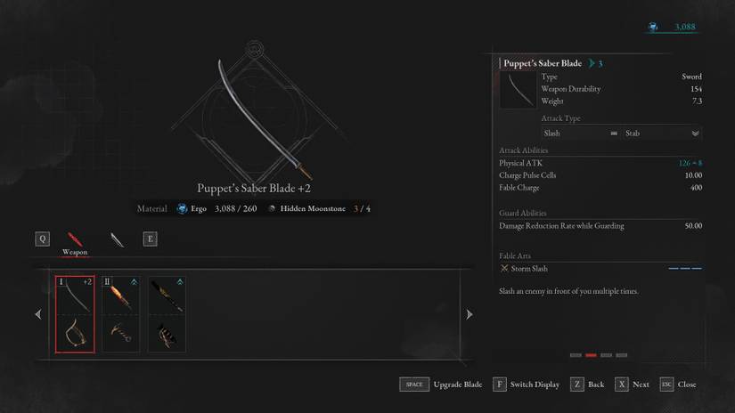 Using Moonstones in the weapon upgrade screen in Lies of P