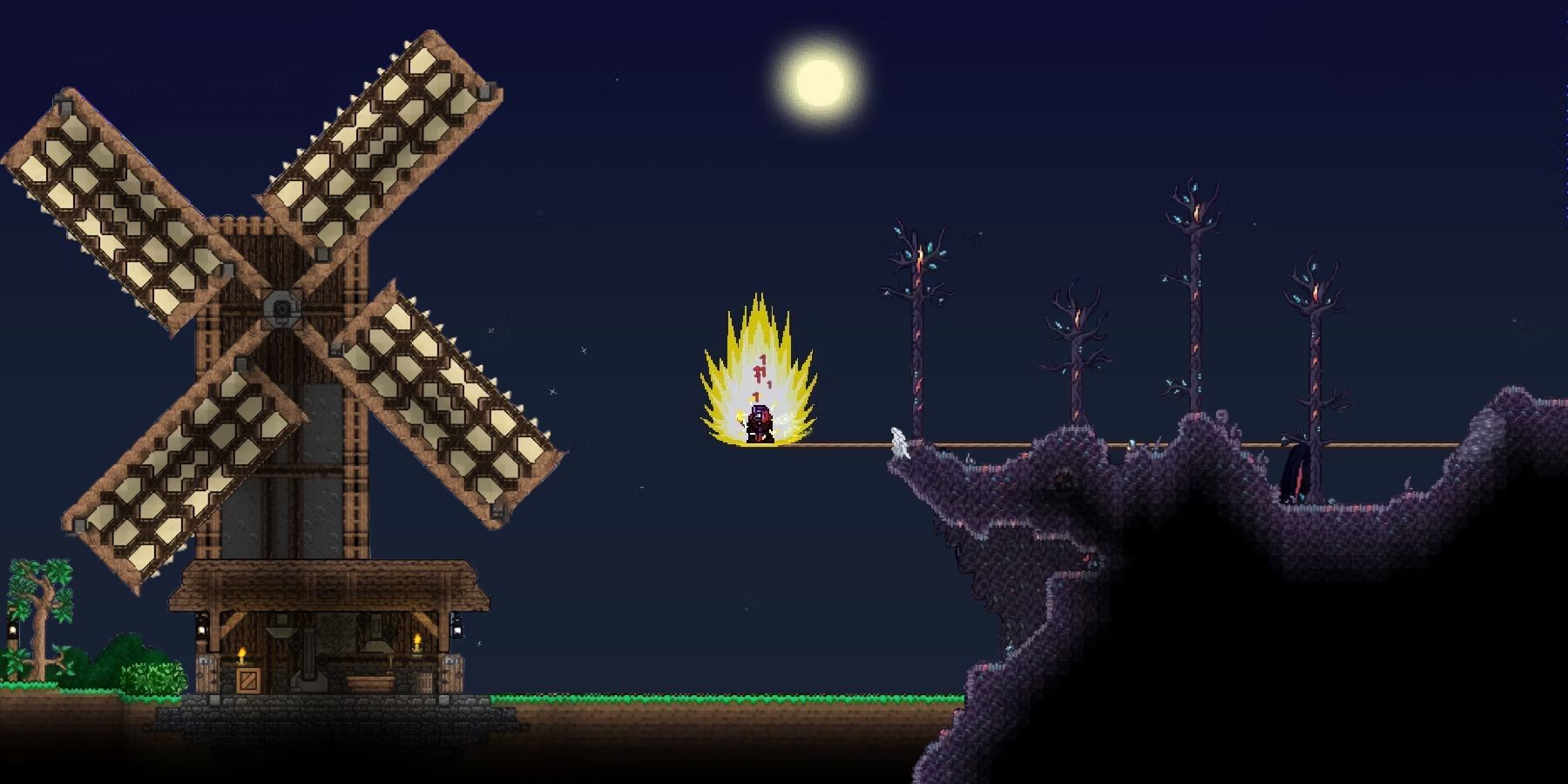 The protagonist of Terraria engulfed in yellow fire at night