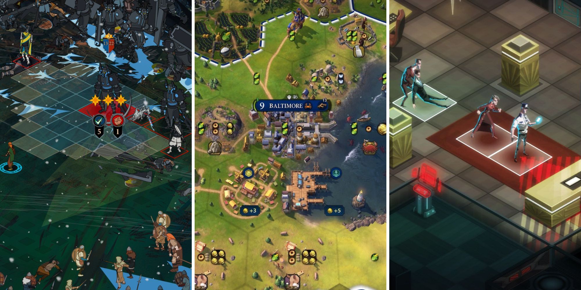 A grid of three grid-based strategy games The Banner Saga 3, Civilization 6, and Invisible Inc
