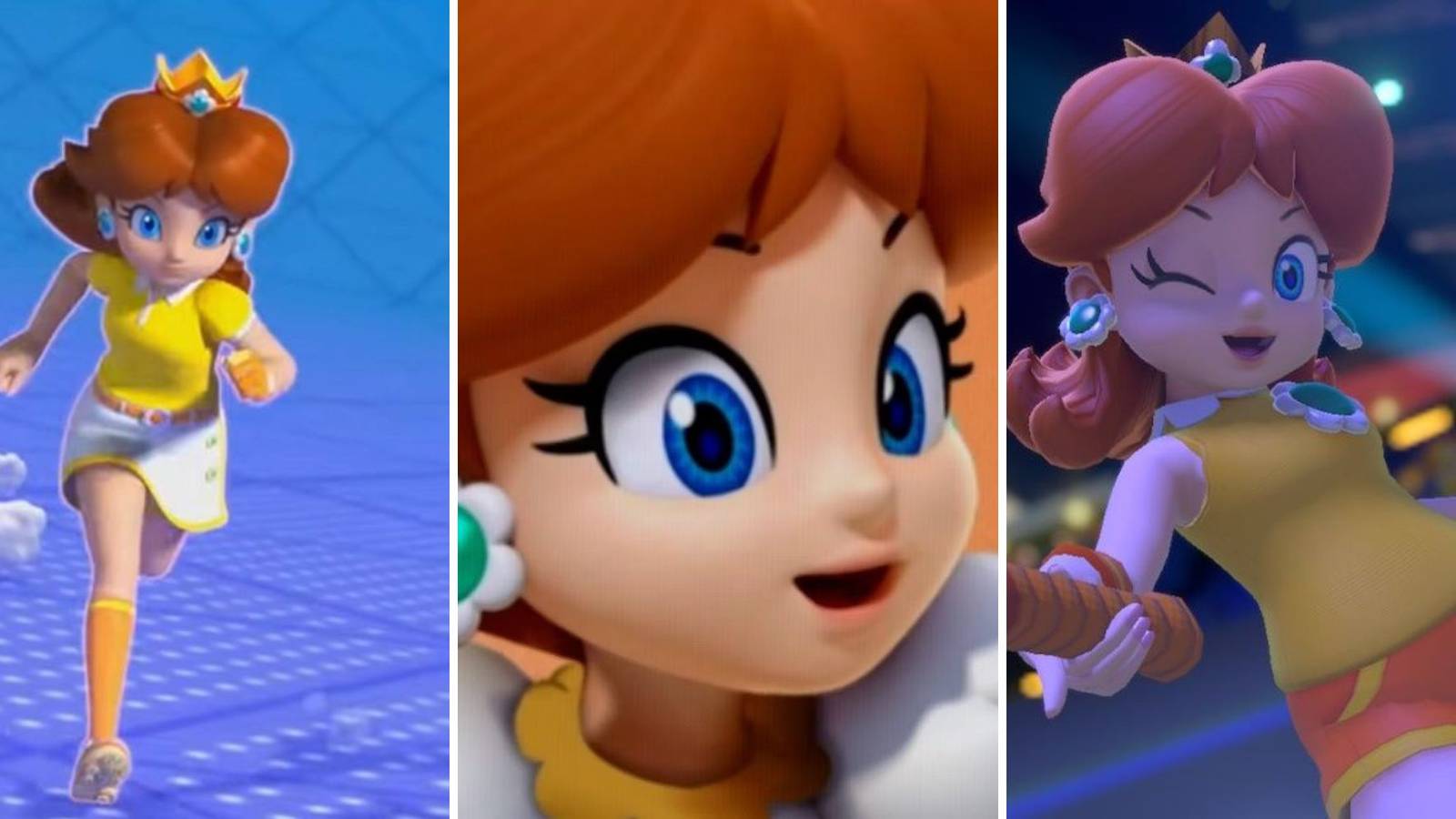A grid showing Princess Daisy in three different Mario games