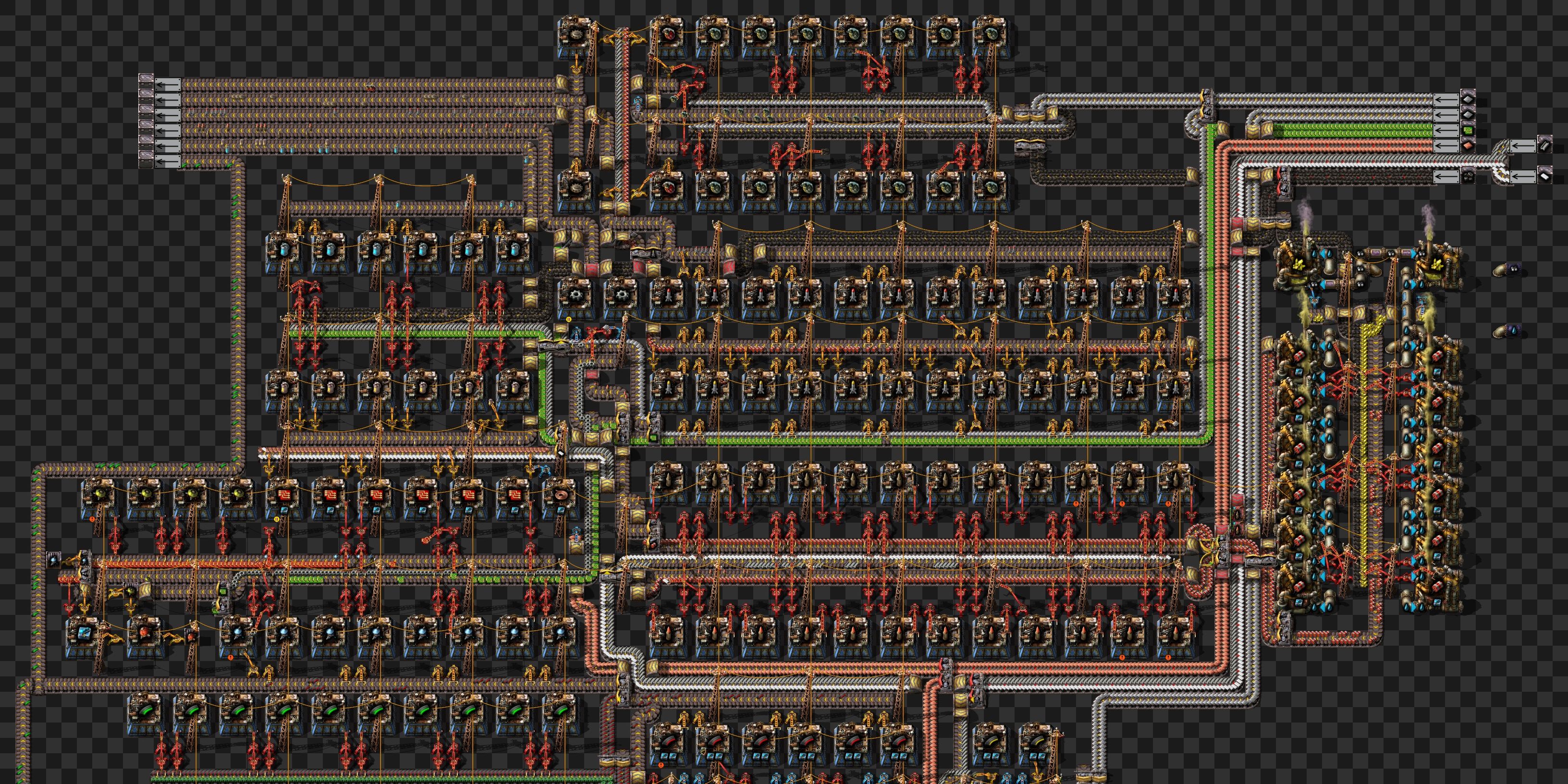 A weapons factory in Factorio