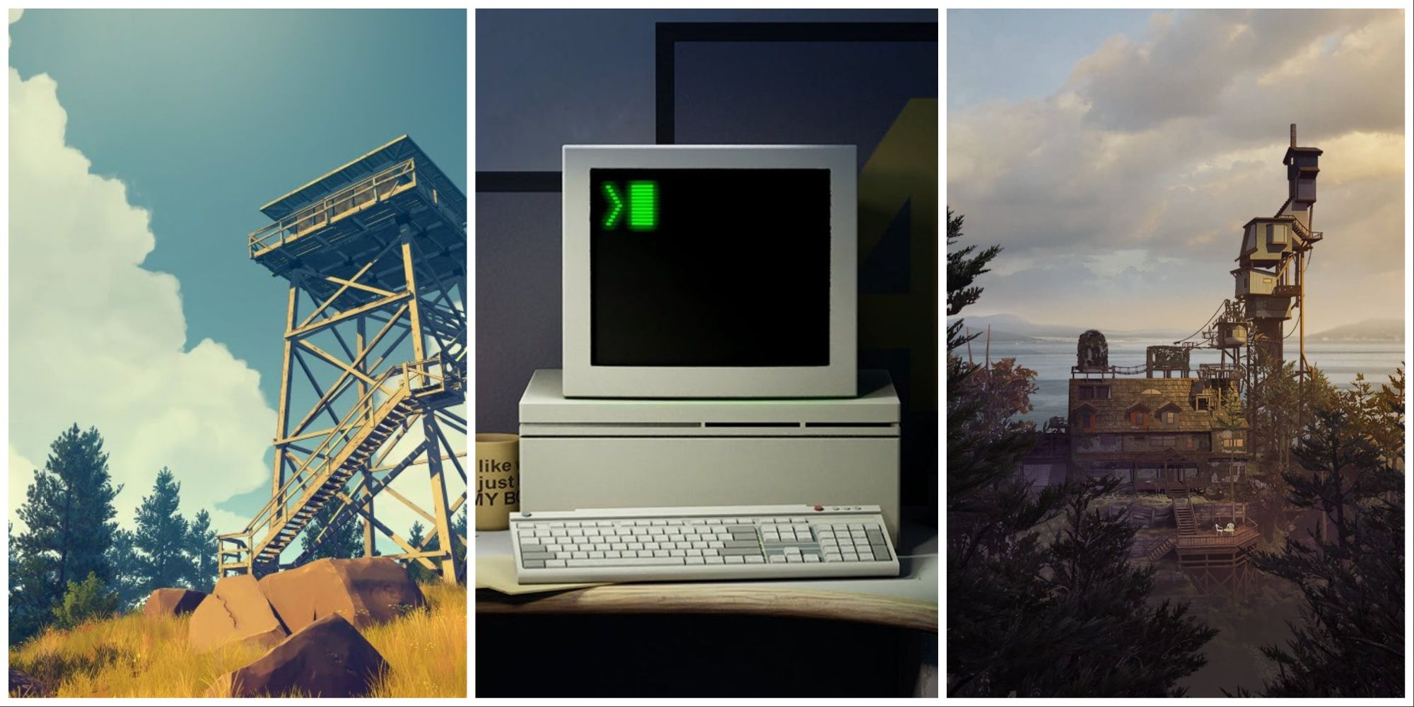 From left to right, a firewatch tower, an old PC monitor, and the Finch Family house