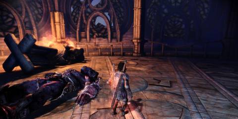 Aeducan Warden and ogre body in the Tower of Ishal in Dragon Age: Origins