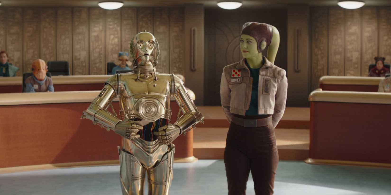 General Hera Syndulla standing with C-3PO on the Star Wars series Ahsoka