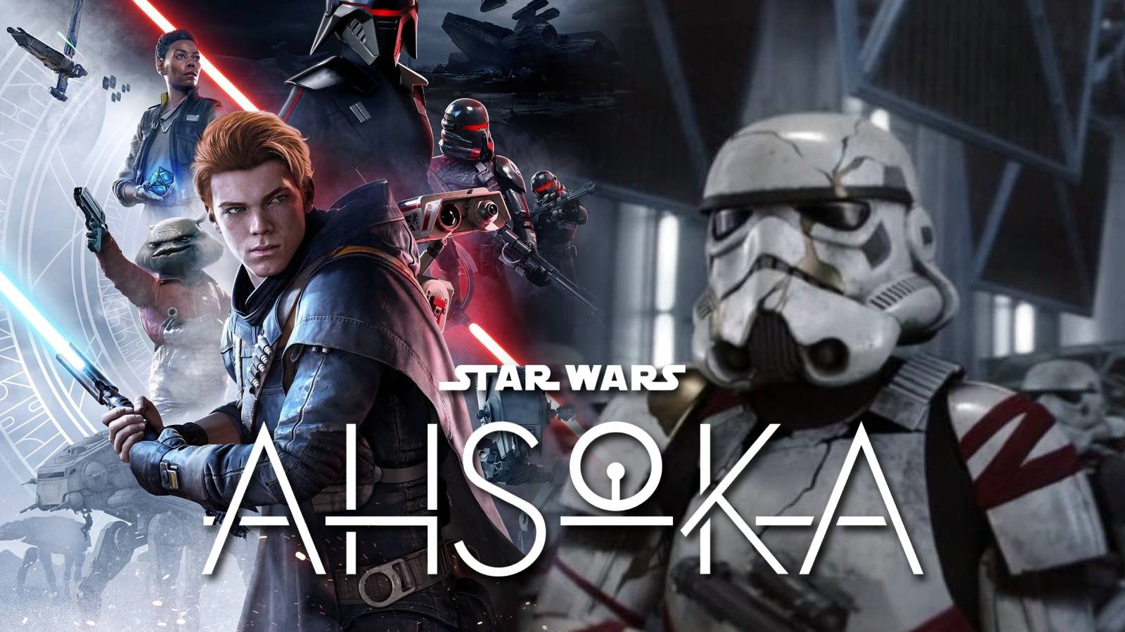 Cover for Star Wars Jedi: Fallen Order next to a Night Trooper from Ahsoka with the Ahsoka logo