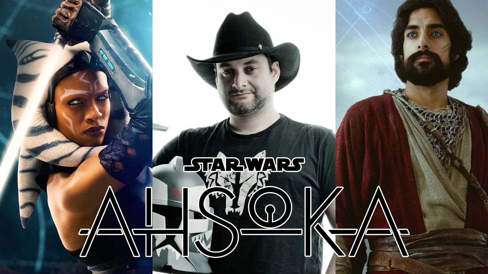 Dave Filoni alongside Rosario Dawson as Ahsoka Tano and Eman Esfandi as Ezra Bridger from the Star Wars series Ahsoka