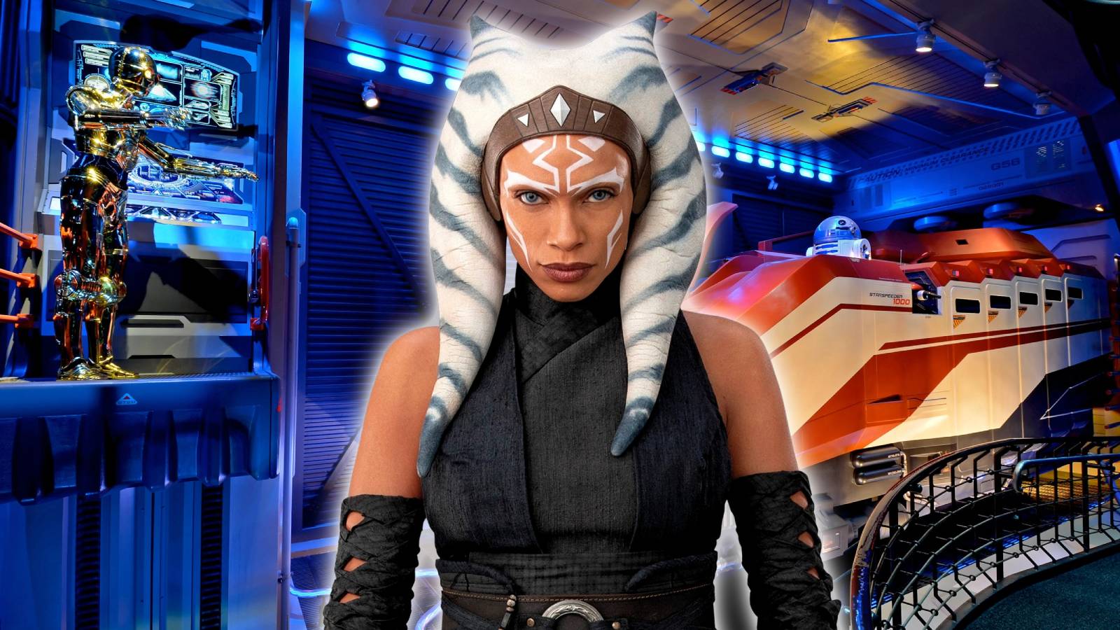 Rosario Dawson as Ahsoka Tano in front of the Star Tours queue line