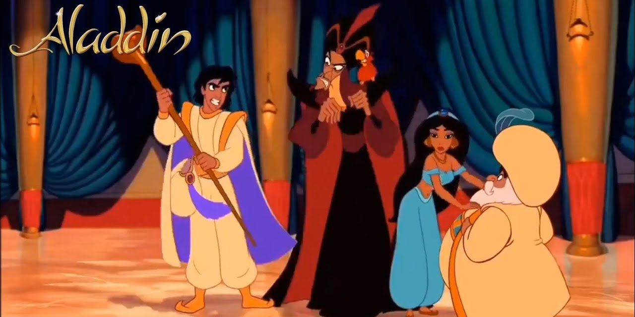 Una imagen protagonizada por Aladdin, la princesa y otros personajes.