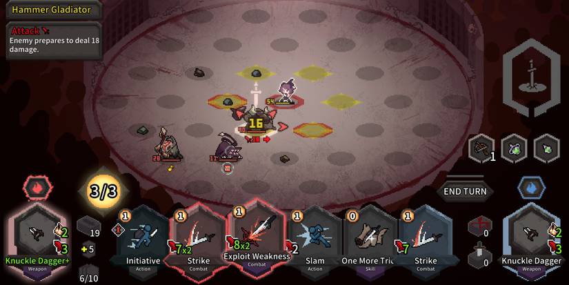 Alina inflicting Exploit Weakness in a turn-based battle in a grid arena in Alina of the Arena