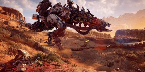 Aloy and a Thunderjaw in Horizon: Zero Dawn