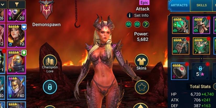 Demonspawn Champion Alure stands in a hellscape.