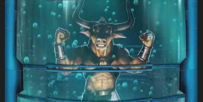 A minotaur in a translucent, fluid-filled tube. Image source: Steam