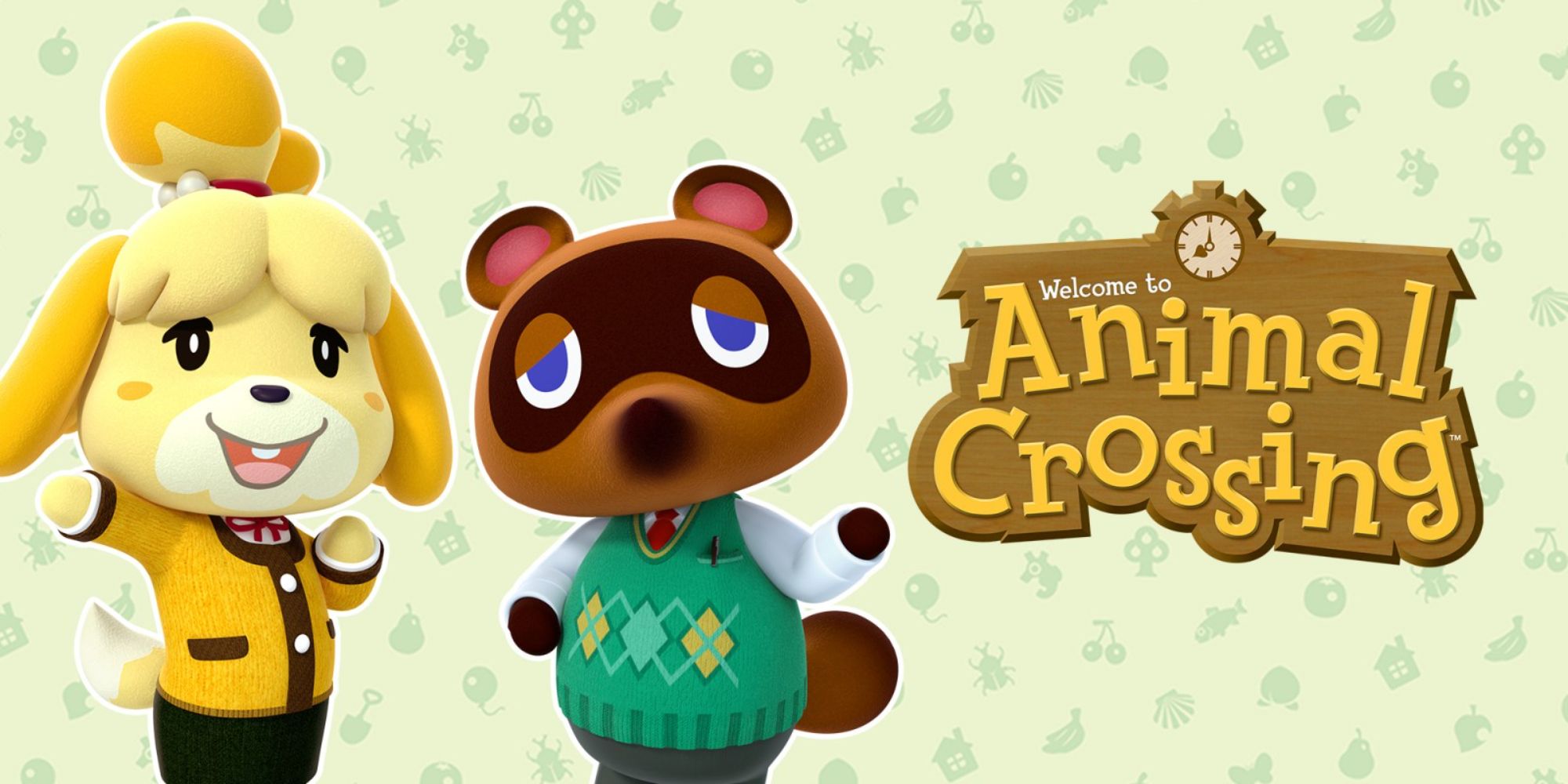 An official Animal Crossing: New Horizons poster, with Tom Nook and Isabelle waving on the left.