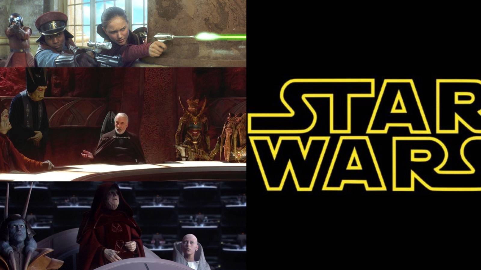 The Star Wars logo next to various characters from all three films