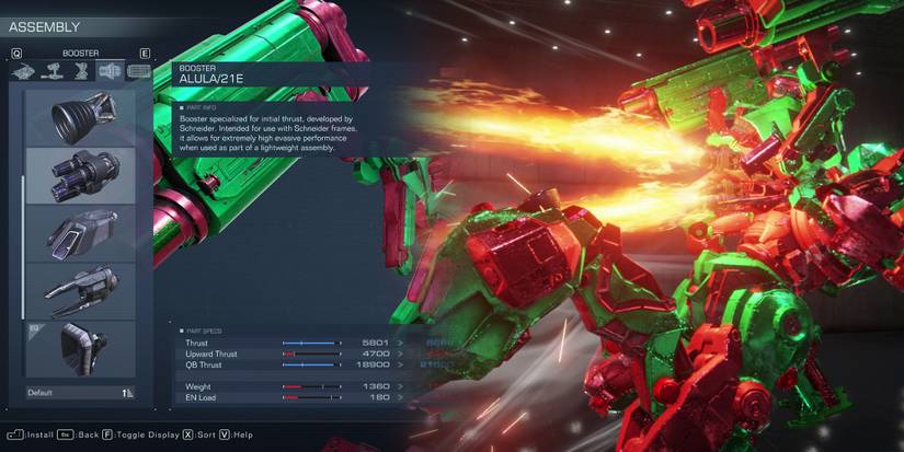 Armored Core 6 - Highlighting Alula21E Booster In Assembly Menu And Showing It In Action In Test Area