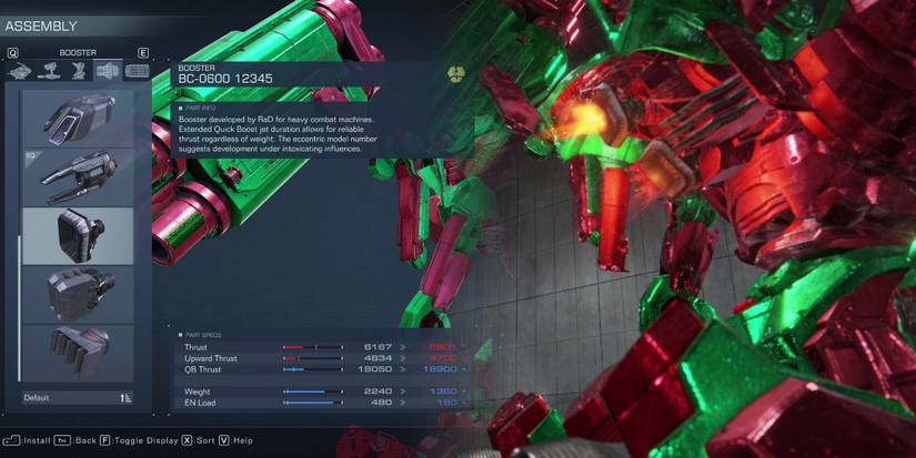 Armored Core 6 - Highlighting BC-0600 Booster In Assembly Menu And Showing It In Action In Test Area