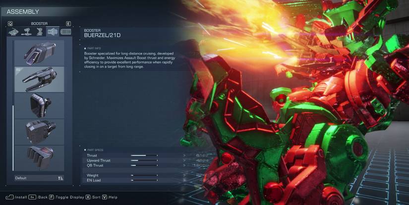 Armored Core 6 - Highlighting Buerzel Booster In Assembly Menu And Showing It In Action In Test Area