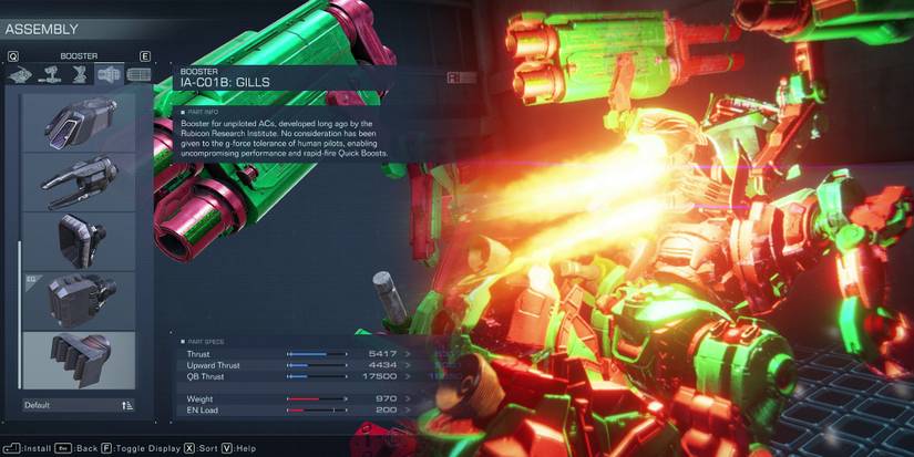 Armored Core 6 - Highlighting Gills Booster In Assembly Menu And Showing It In Action In Test Area