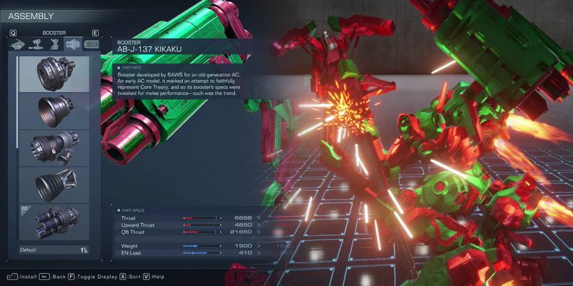 Armored Core 6 - Highlighting Kikaku Booster In Assembly Menu And Showing It In Action In Test Area