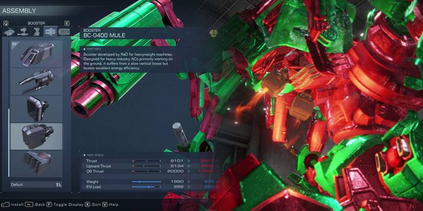 Armored Core 6 - Highlighting Mule Booster In Assembly Menu And Showing It In Action In Test Area