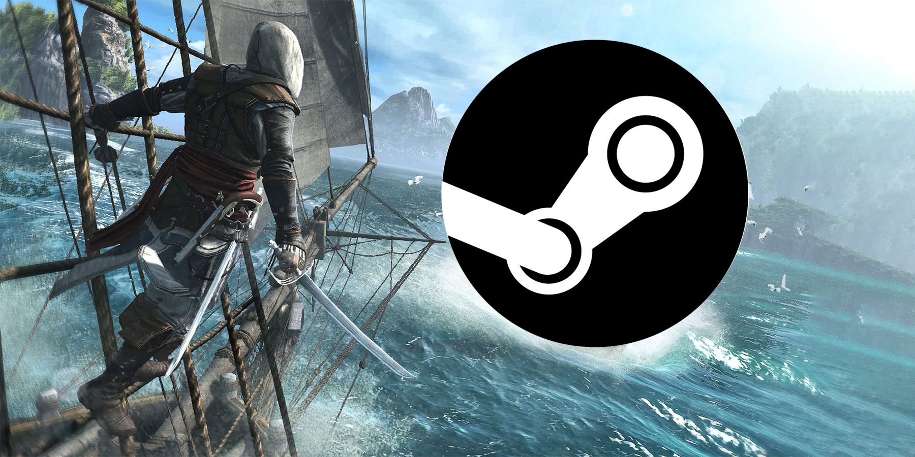 Assassin's Creed 4 Black Flag Kenway hanging from shrouds looking at Steam logo emblem artwork edit