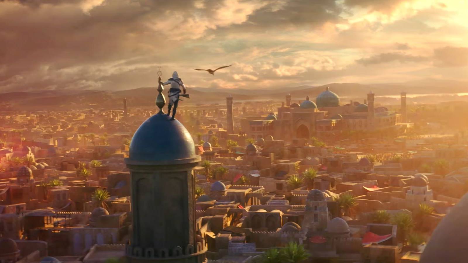 AC Mirage key art of Basim on a spire overlooking Baghdad