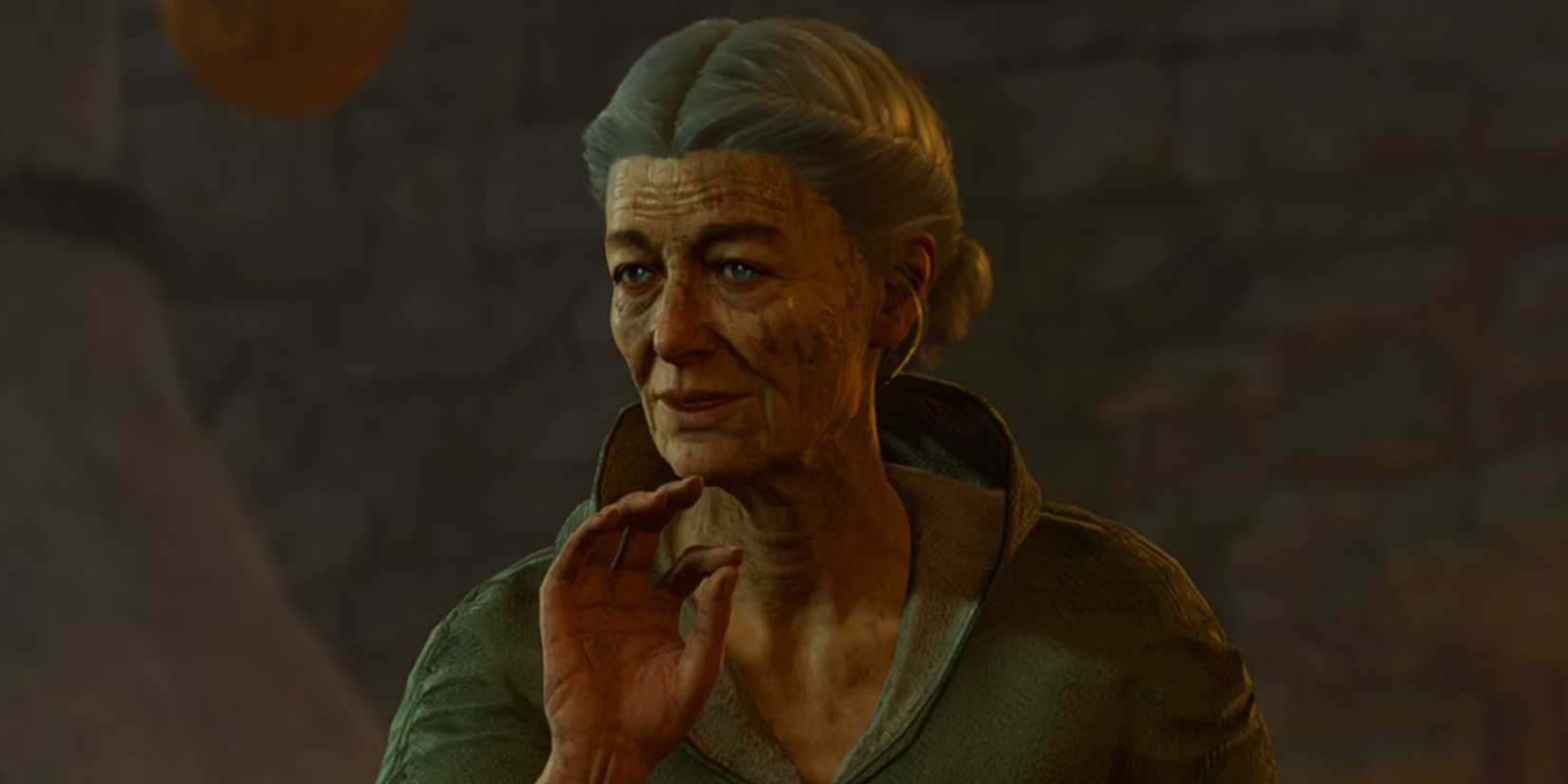 Auntie Ethel speaking to the protagonist in Baldur's Gate 3