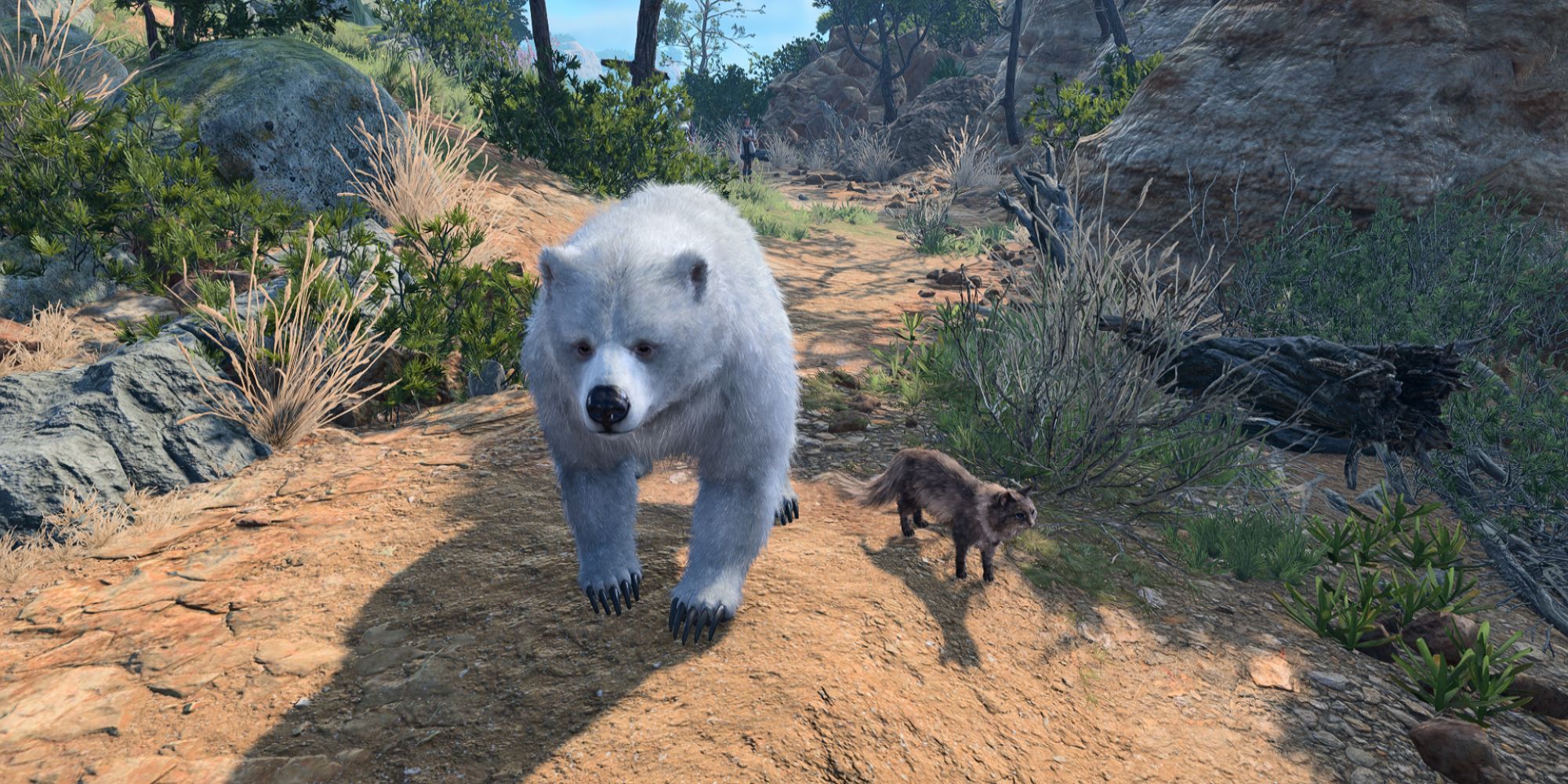 A polar bear and a cat walking together in Baldur's Gate 3