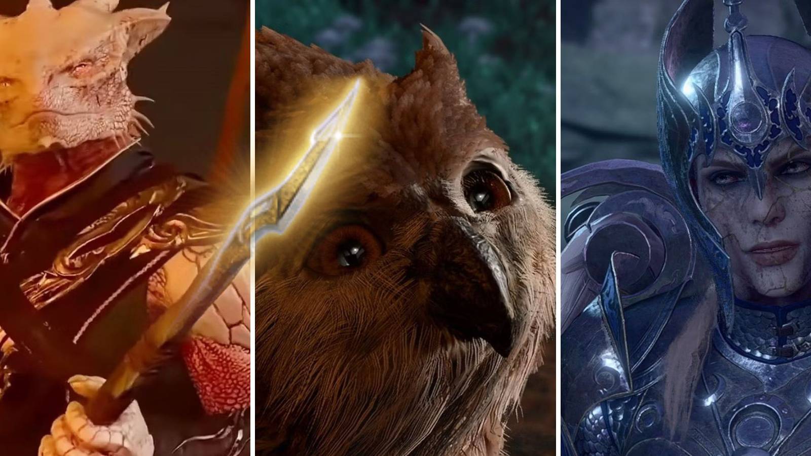 A grid showing three different characters in Baldur's Gate 3 and a Glaive breaking out from the grid of images