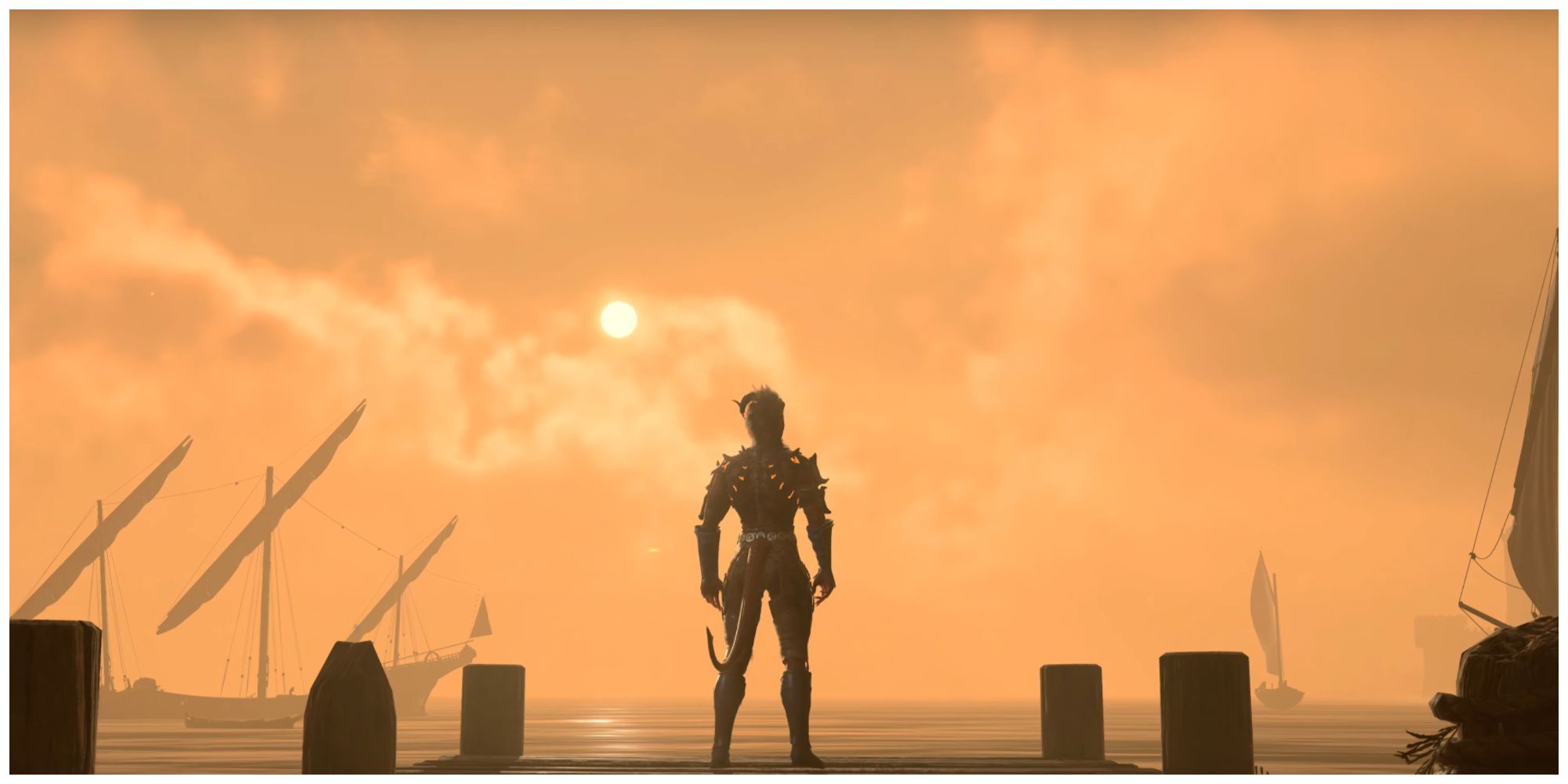 Baldur's Gate 3, Karlach Standing On Docks At Sunset