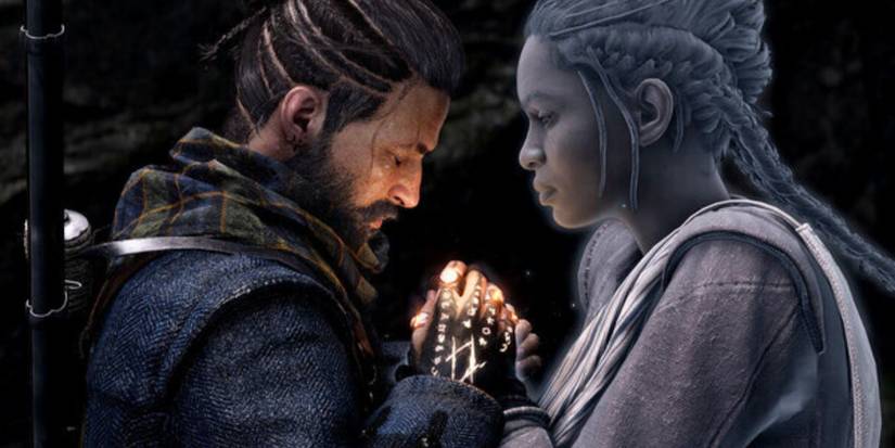 Protagonists Red and Antea embrace with their hands glowing