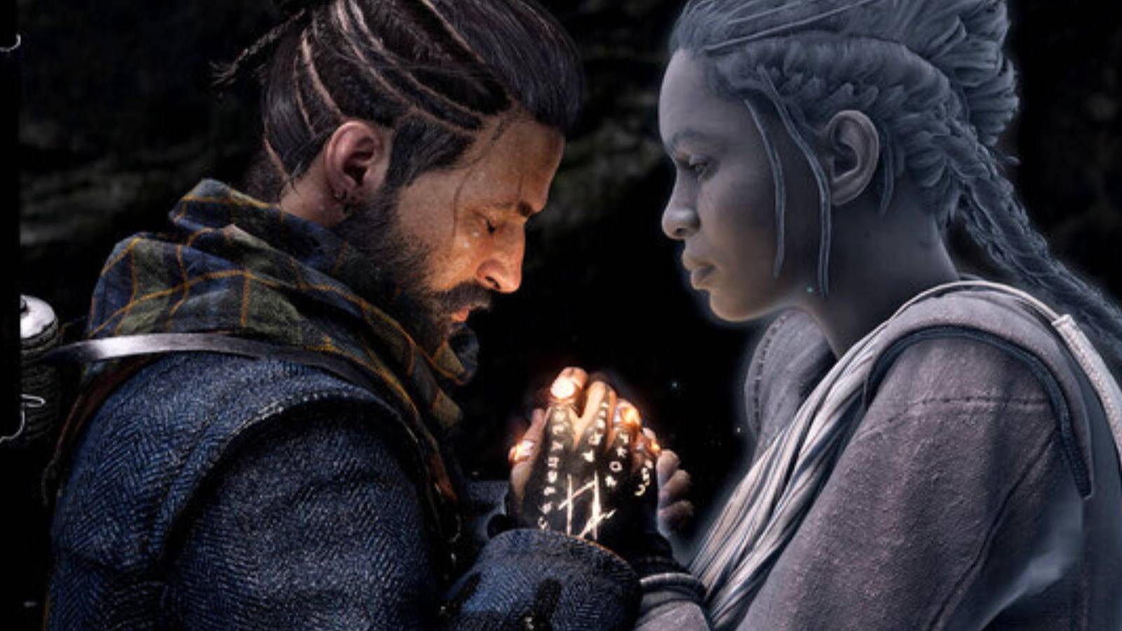 Protagonists Red and Antea embrace with their hands glowing