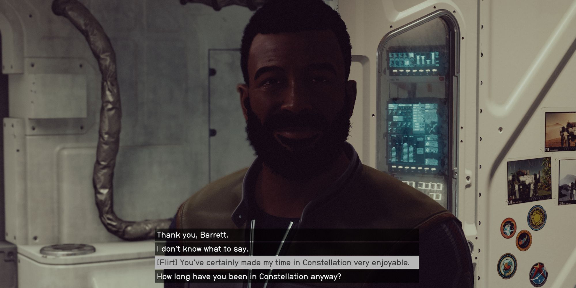 A player choosing a flirt dialogue option with Barrett in Starfield