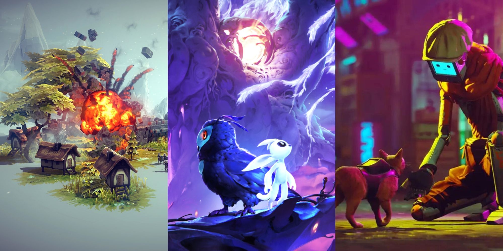 battle in Besiege, Ku and Ori in Ori and the Will of the Wisps, cat and robot in Stray