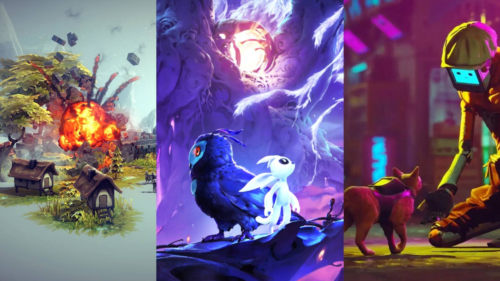 battle in Besiege, Ku and Ori in Ori and the Will of the Wisps, cat and robot in Stray