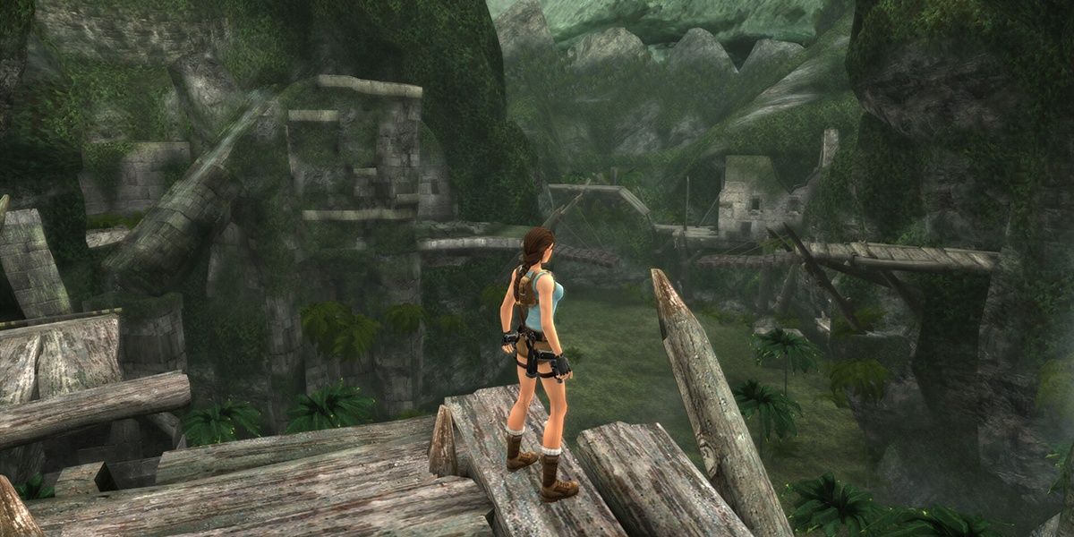 Lara Croft exploring a remote location in Tomb Raider: Anniversary