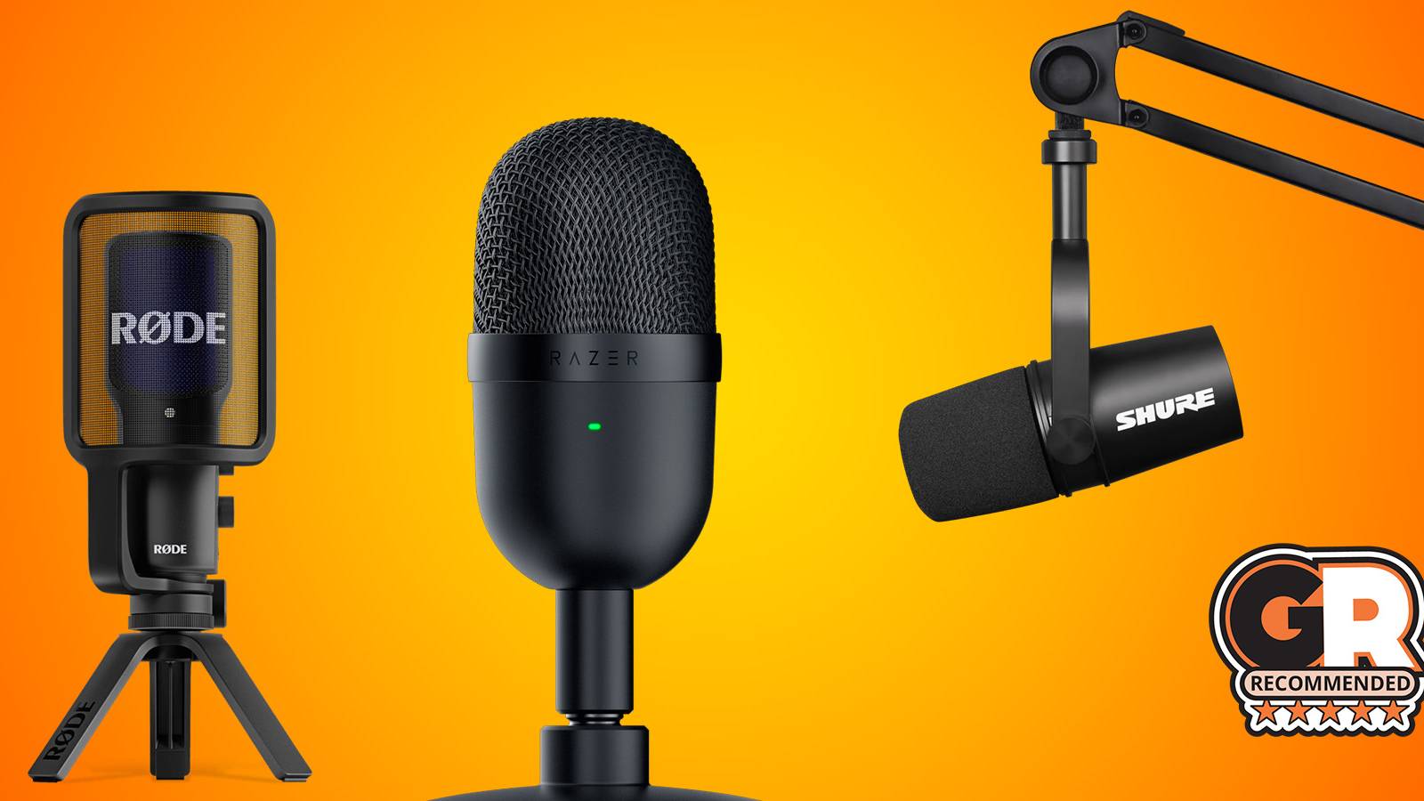 Gamerant recommended image of the best microphones including Razer Seiren, Rode NT Plus and Shure MV7