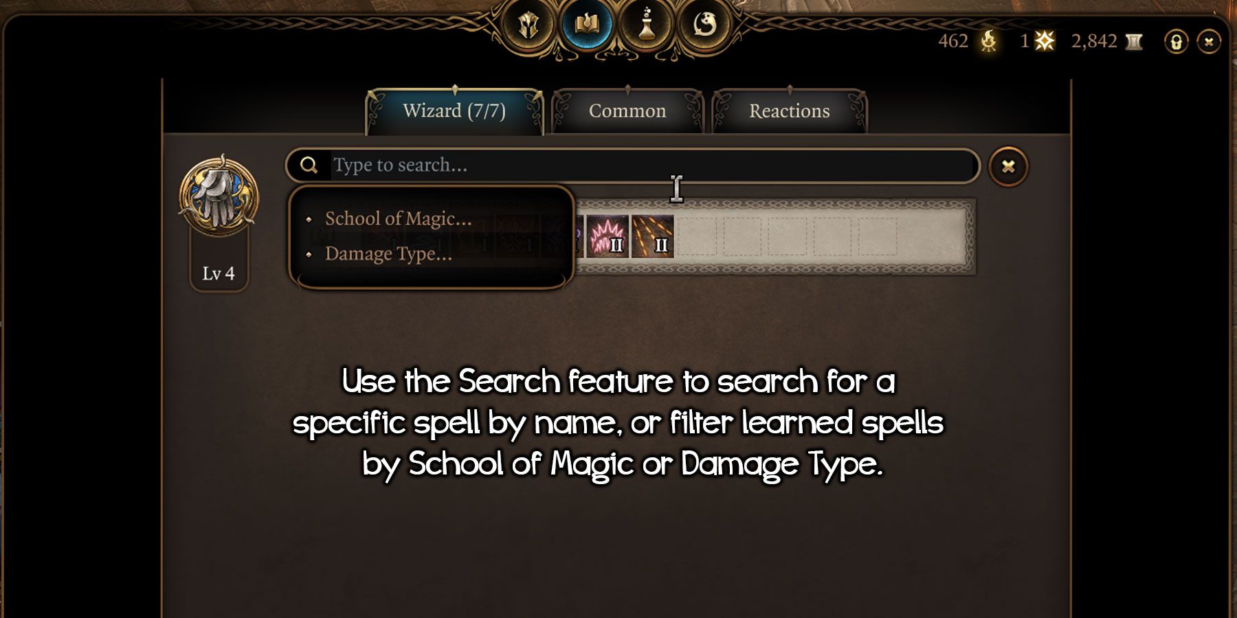 Filtering spells by school or damage type in Baldur's Gate 3.