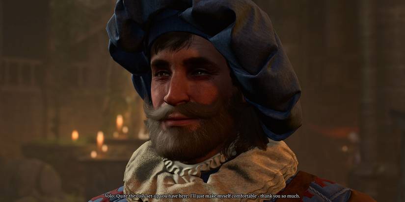 Volo's greeting in the Camp in Baldur's Gate 3.