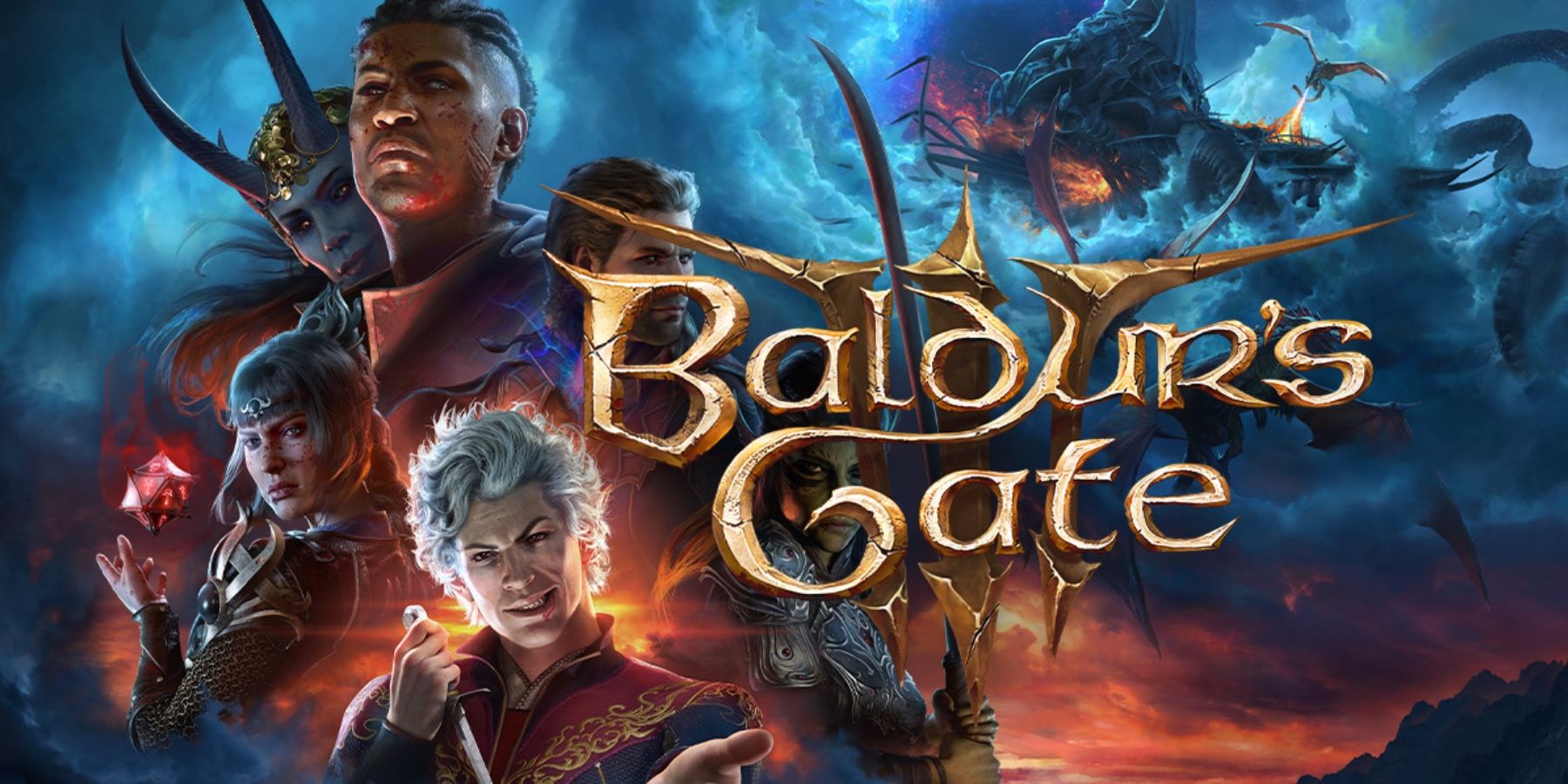 baldur's gate 3 key art with shadowheart, wyll, gale, astarion