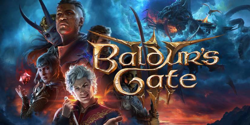 baldur's gate 3 key art with shadowheart, wyll, gale, astarion