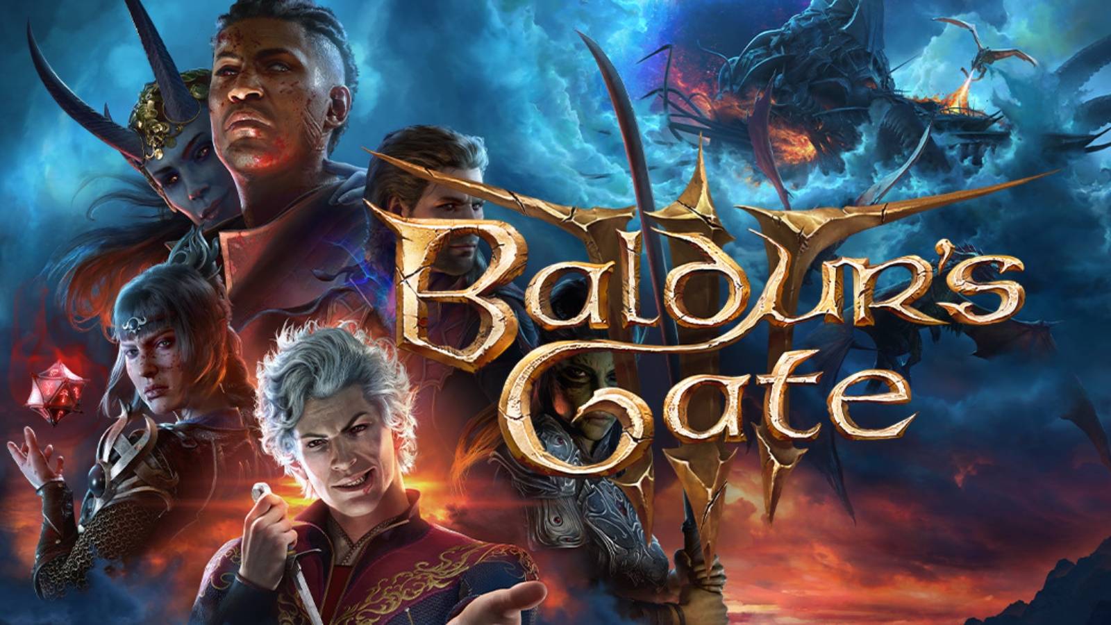 baldur's gate 3 key art with shadowheart, wyll, gale, astarion