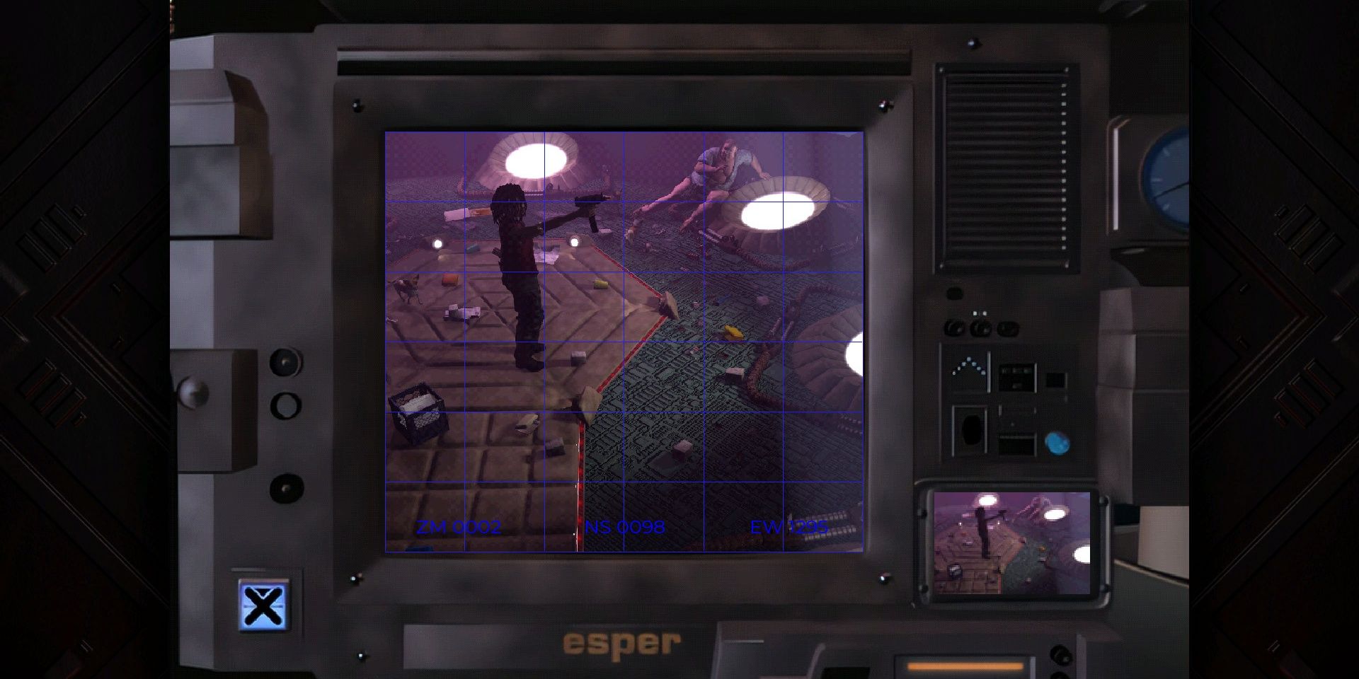 An image of the character holding a rifle inside a monitor in the Blade Runner