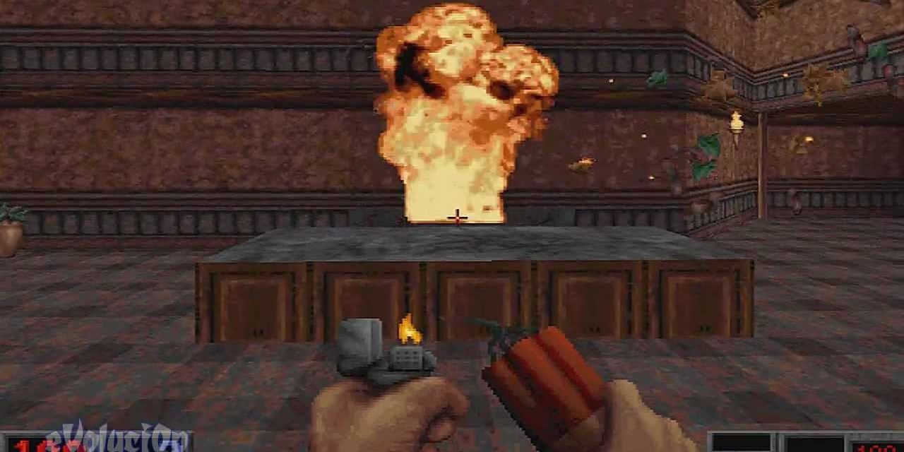 The player character blows up an enemy with a lighter and dynamite 