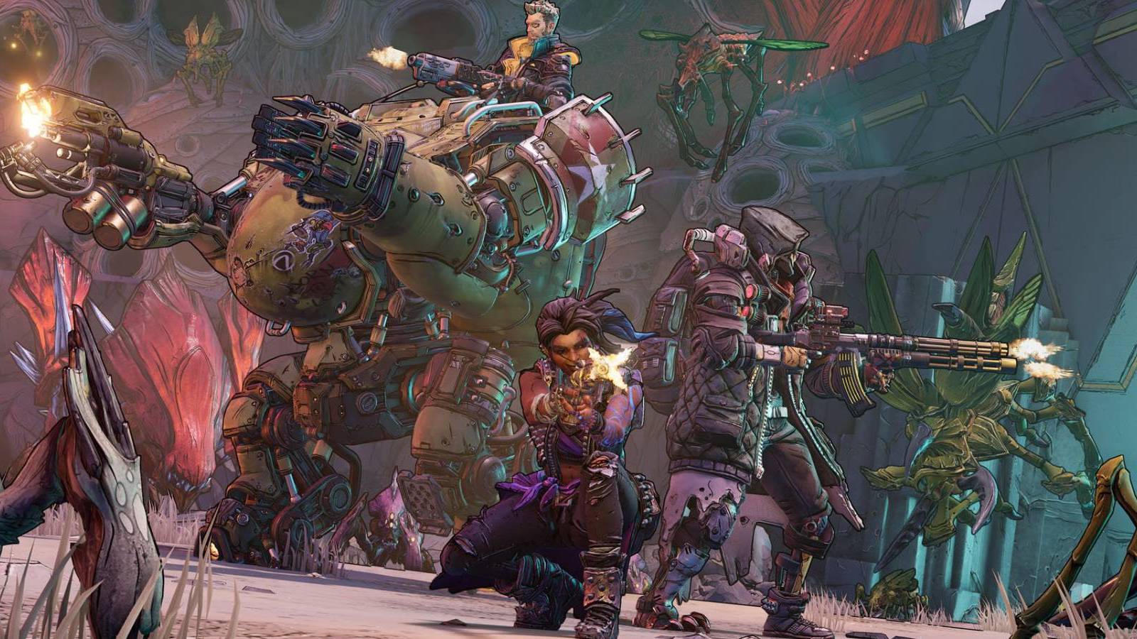 Zane, Moze, Amara, and FL4K fighting enemies in Borderlands 3