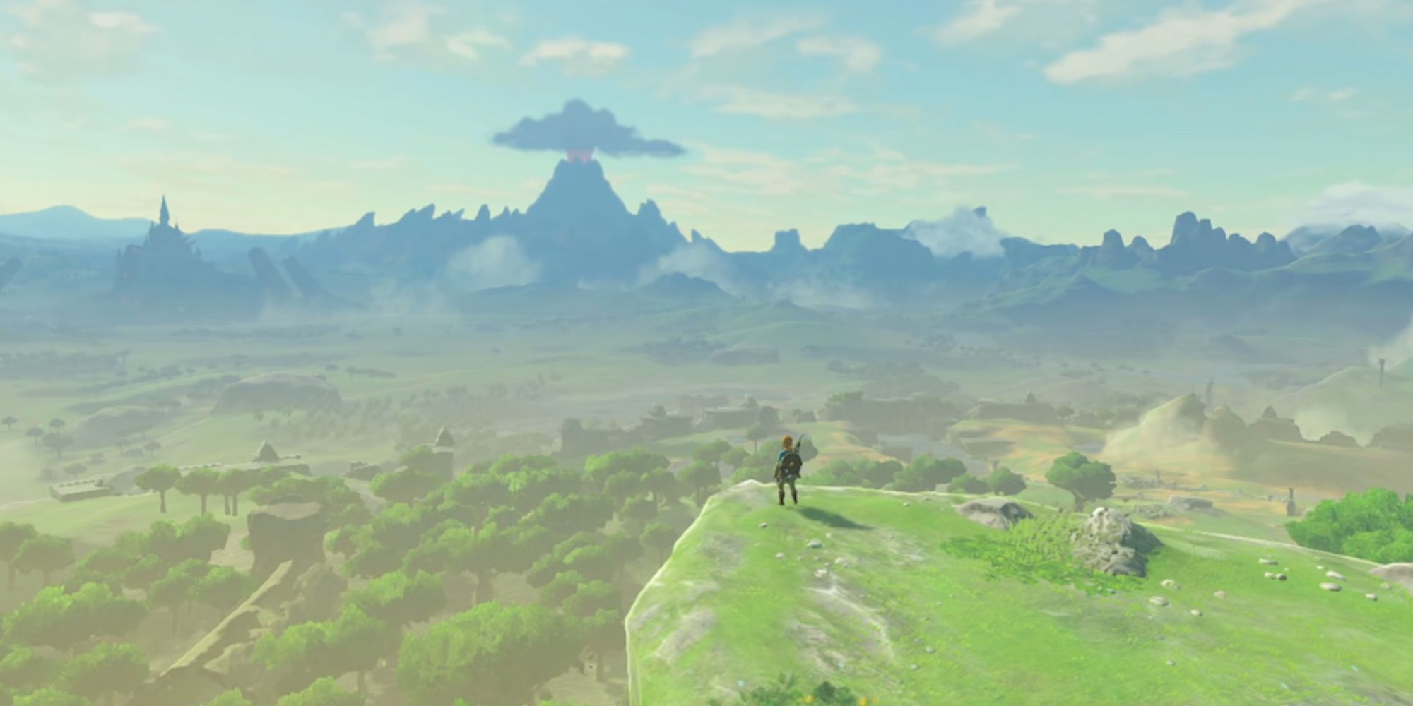 Link standing at a cliff overlooking Hyrule