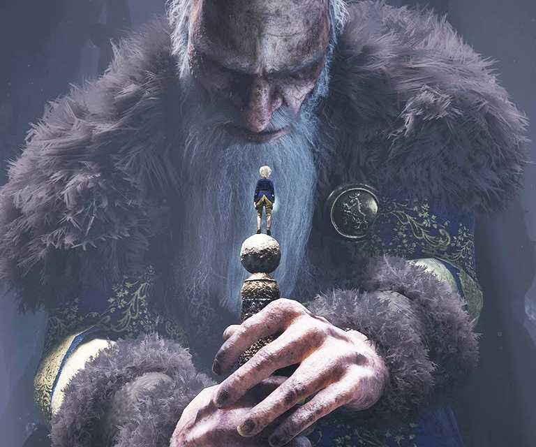 A character standing on top of the staff of a giant