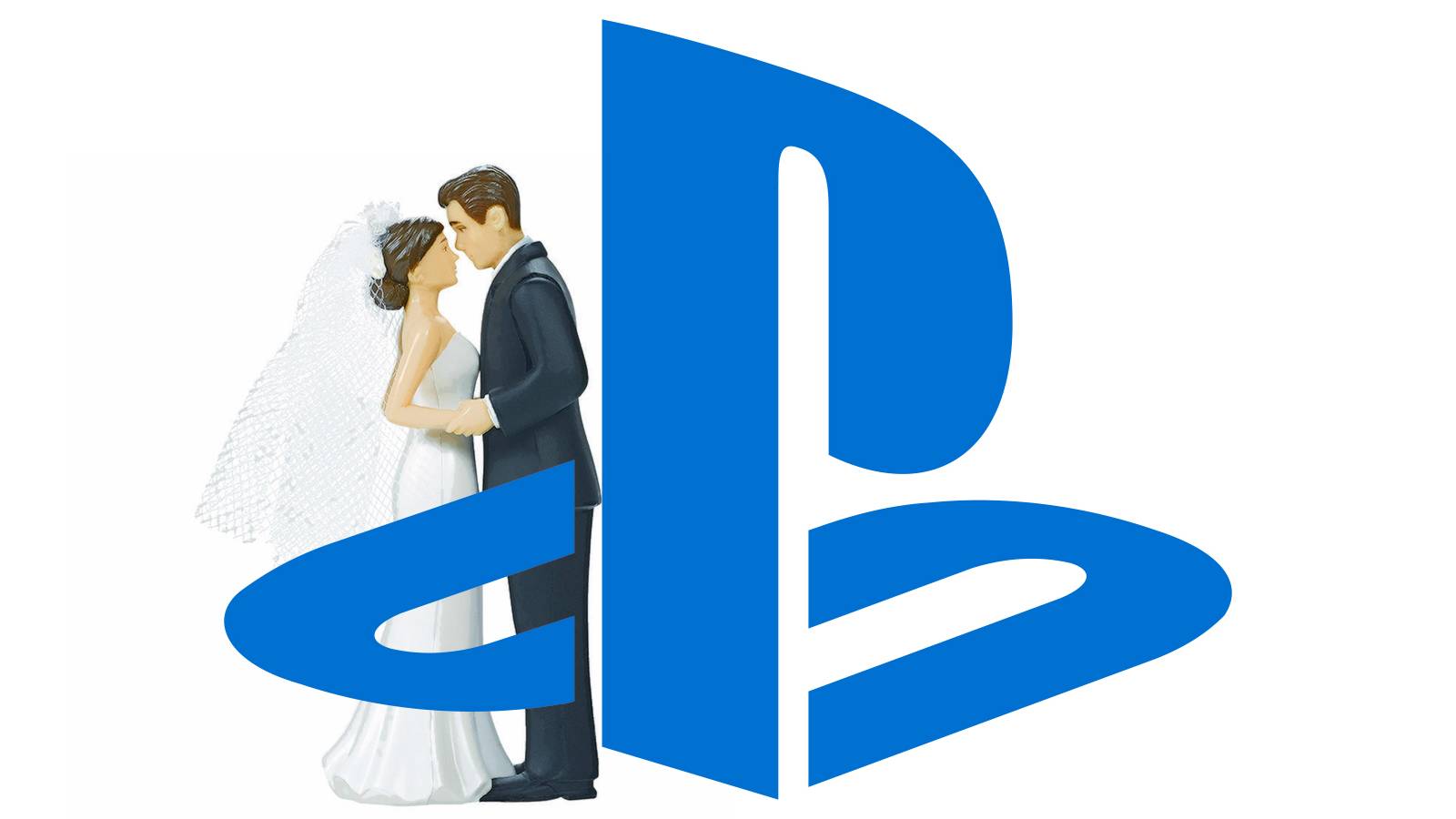 Bride and Groom cake toppers next to PlayStation logo emblem